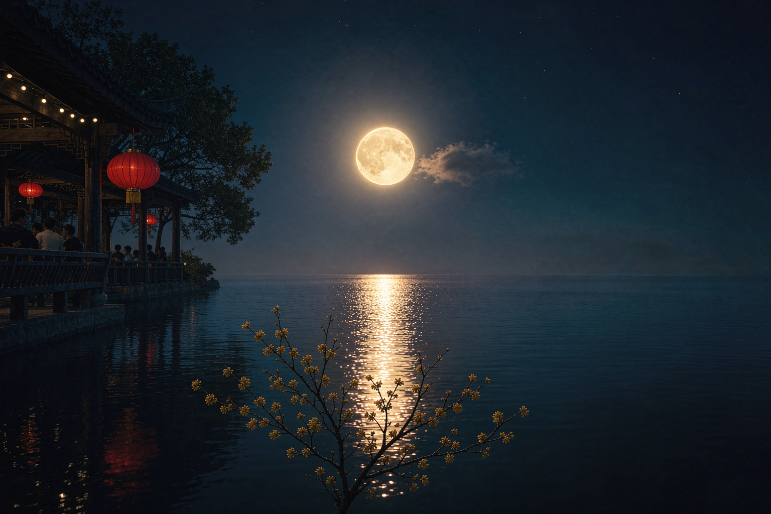 Full moon rising over calm water with lanterns and osmanthus — Mid-Autumn Festival